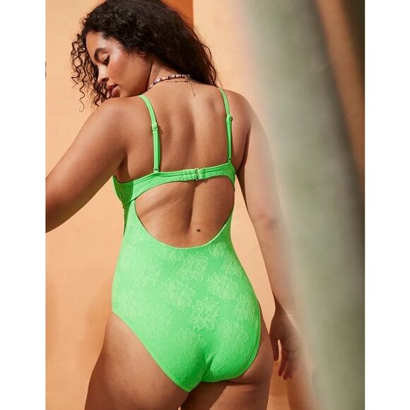 Aerie Lace Underwire One Piece Swimsuit neon green cutout back sz small - Picture 2 of 10
